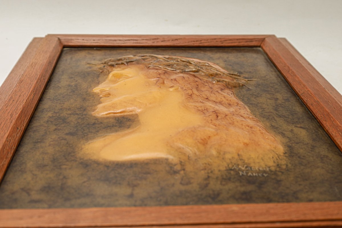Cadre en pâte de verre représentant le Christ signé Almaric Walter Nancy Art Nouveau religieux-photo-2