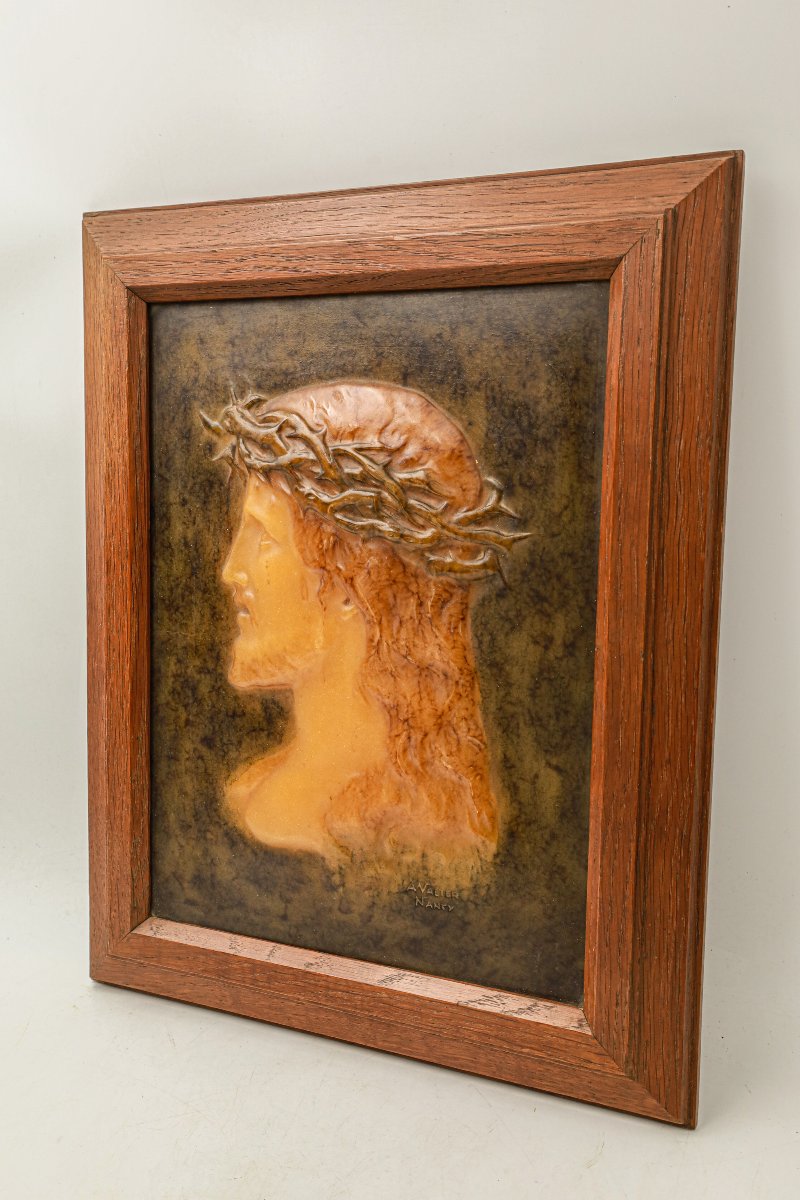 Cadre en pâte de verre représentant le Christ signé Almaric Walter Nancy Art Nouveau religieux