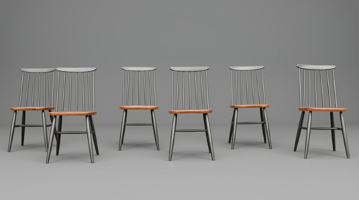 Série de 6 chaises bois design scandinave Ilmari Tapiovaara modèle Fanett vintage-photo-2