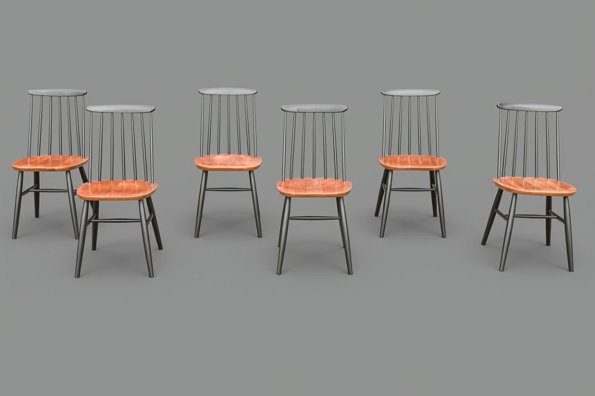 Série de 6 chaises bois design scandinave Ilmari Tapiovaara modèle Fanett vintage-photo-3