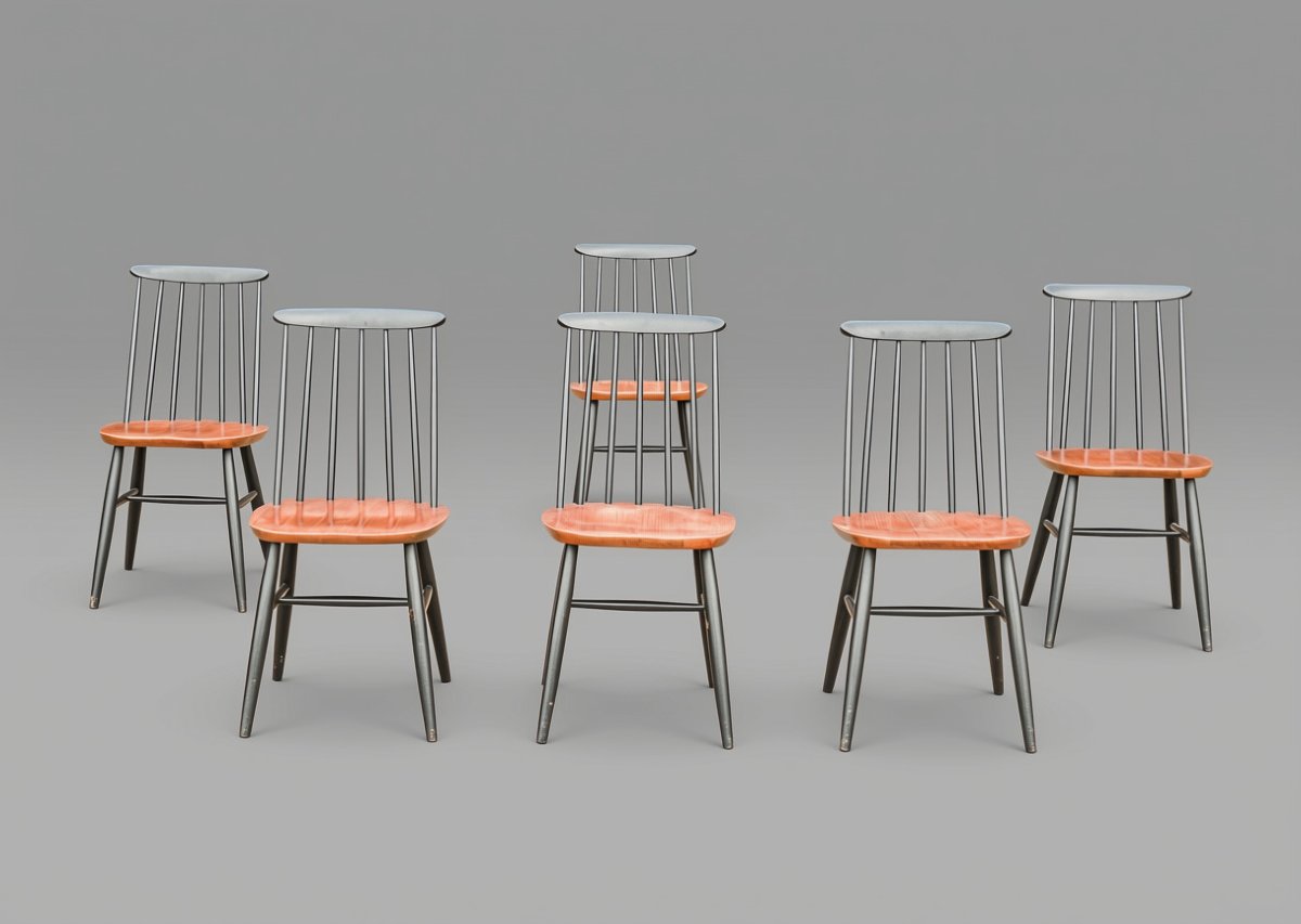 Série de 6 chaises bois design scandinave Ilmari Tapiovaara modèle Fanett vintage-photo-4