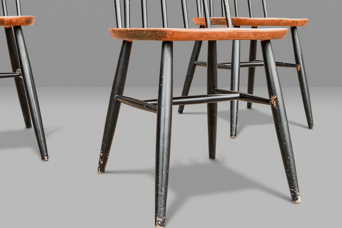 Série de 6 chaises bois design scandinave Ilmari Tapiovaara modèle Fanett vintage-photo-3