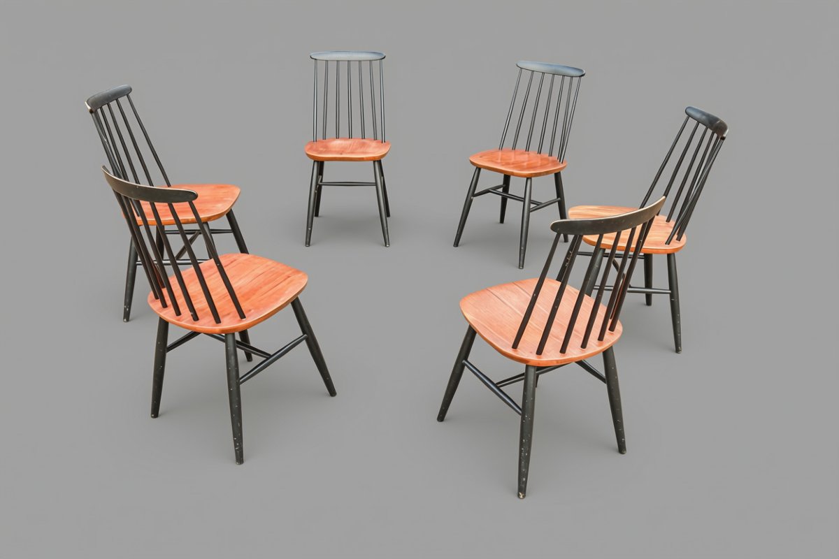 Série de 6 chaises bois design scandinave Ilmari Tapiovaara modèle Fanett vintage