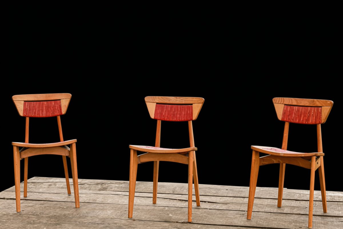 Série de 3 chaises bois design Roger Landault édition Robert Sentou vintage-photo-2