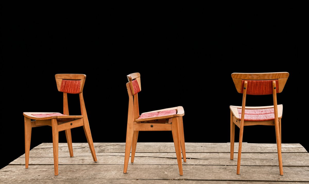 Série de 3 chaises bois design Roger Landault édition Robert Sentou vintage