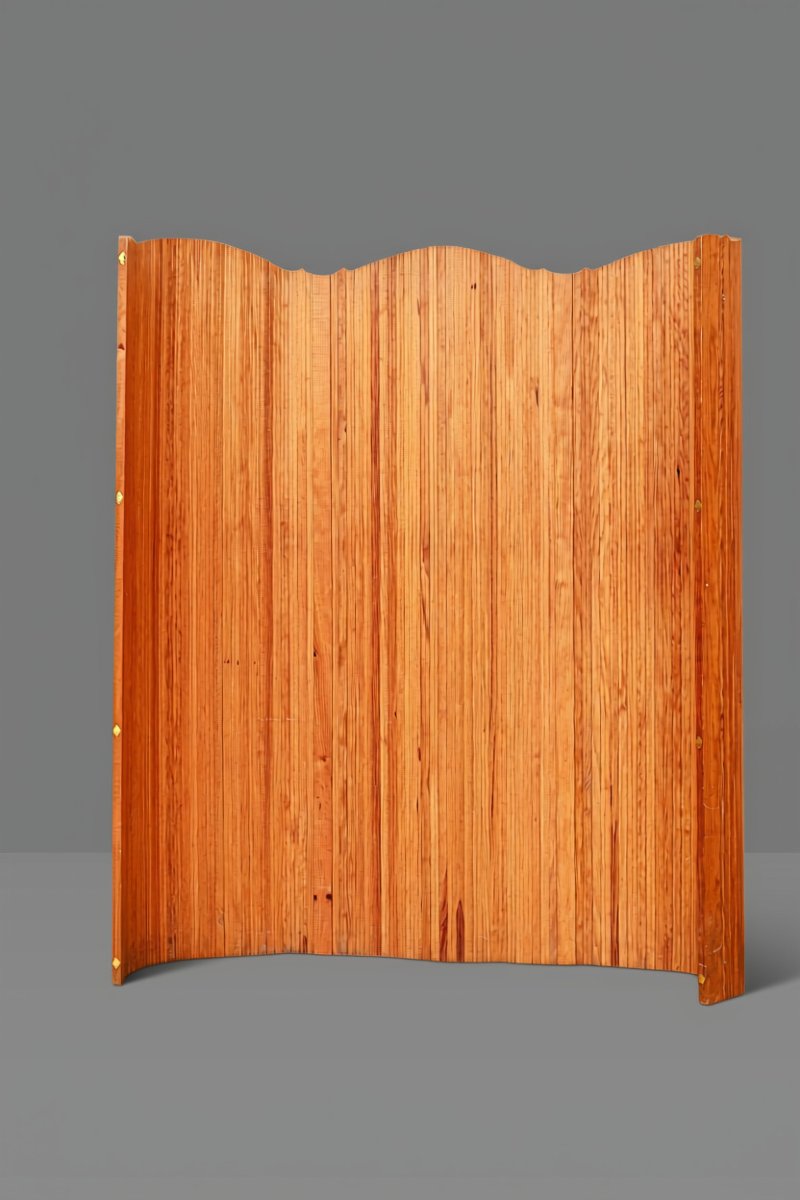 Paravent en lattes de bois pin articulé style Baumann vintage -photo-2