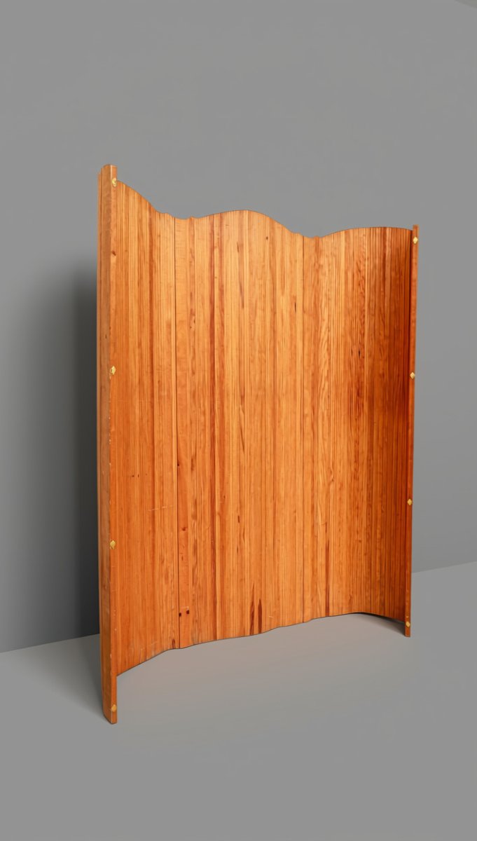 Paravent en lattes de bois pin articulé style Baumann vintage -photo-3