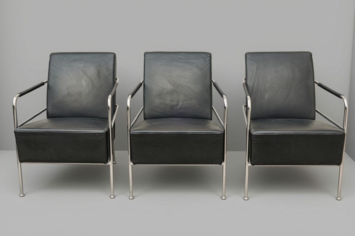 Ensemble de 3 fauteuils en cuir design modèle Cinéma Gunilla Allard pour Lammhults scandinave -photo-3