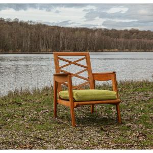 Fauteuil design 50 vintage hêtre clair dossier à croisillons moderniste