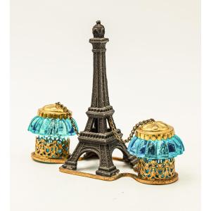Eiffel Tower Salt And Pepper Shaker 1900-1910 Art Nouveau Regule And Blue Moulded Glass