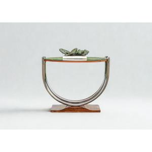 Art Deco Bauhaus Pedestal Table, Chrome-plated Metal, Glass And Wood