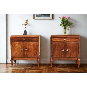 Pair Of Vintage Walnut Art Deco End-of-settee Bedside Tables