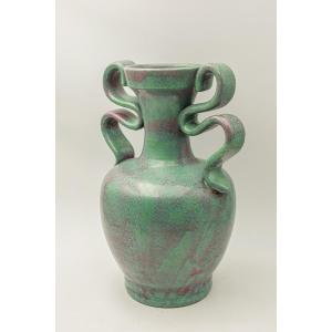 Large Green Speckled Glazed Ceramic Vase With Handles From Lunetta In Vallauris Dated 1955