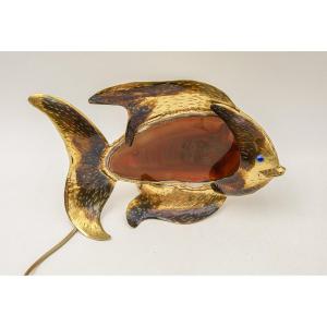Lampe en forme de poisson brutaliste en laiton soudé et agate signée Philippe Lambert 
