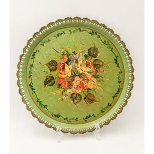 Ancien plateau en tôle peinte fleurs Napoléon III