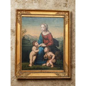 Tableau huile sur toile HST vierge à l'enfant avec le petit Saint Jean Baptiste XIXème siècle