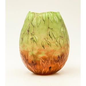 Daum Nancy Acid-etched Multilayer Glass Vase With Art Nouveau Crocus Design In Pâte De Verre
