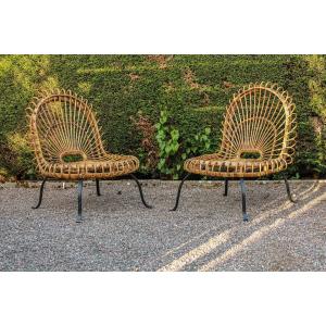 Paire de fauteuils rotin et fer forgé Janine Abraham et Dirk Jan Rol maison Rougier vintage