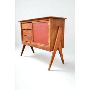 Small Oak Sideboard From The Reconstruction Period With Vintage Compass-style Legs, 1950s Design