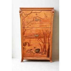 Rare Art Nouveau Walnut Chest Of Drawers With Iris, Chestnut, And Water Lily Motifs  