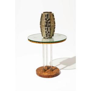 Modernist-style Jacques Adnet Side Table With Mirrored Top, Made Of Wood, Glass, And Brass