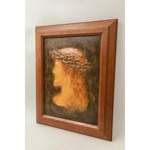 Glass Paste Frame Depicting Christ, Signed By Almaric Walter, Nancy, Religious Art Nouveau