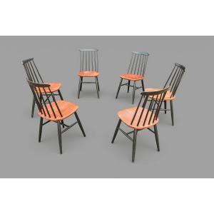 Set Of 6 Vintage Ilmari Tapiovaara "fanett" Scandinavian-style Wooden Chairs