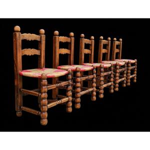 Set Of 5 Rustic Straw-colored Oak Chairs In A Vintage Brutalist Design By Charles Dudouyt