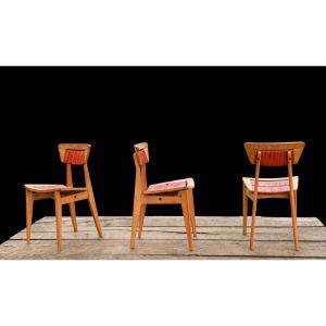Set Of 3 Vintage Roger Landault-designed Wooden Chairs, Robert Sentou Edition