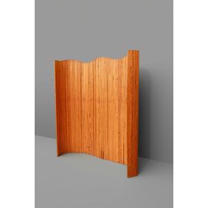 Paravent en lattes de bois pin articulé style Baumann vintage 