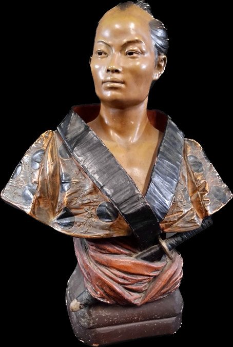 Japanese Couple - René Charles Masse (1855-1913) - Polychromed Busts-photo-3