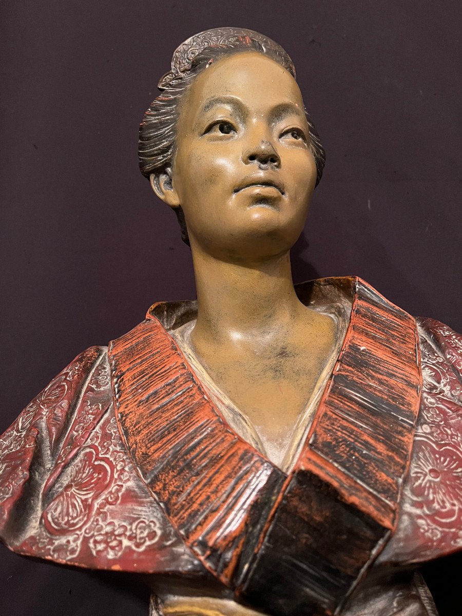 Japanese Couple - René Charles Masse (1855-1913) - Polychromed Busts-photo-2