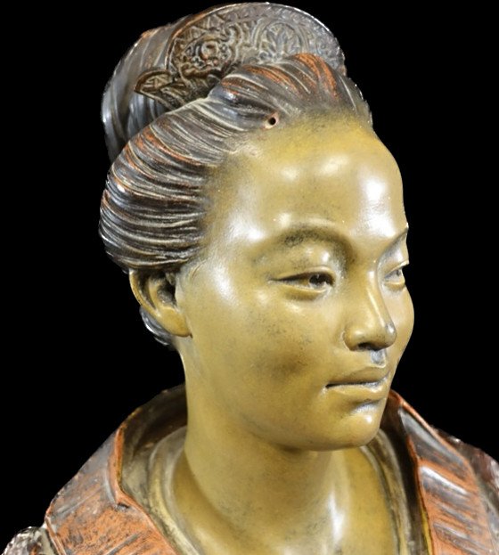 Japanese Couple - René Charles Masse (1855-1913) - Polychromed Busts-photo-7