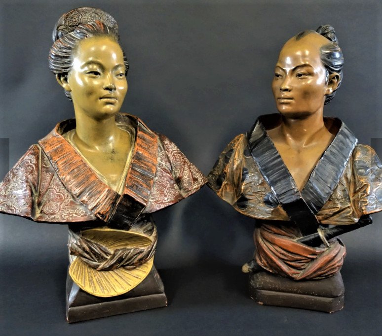 Japanese Couple - René Charles Masse (1855-1913) - Polychromed Busts
