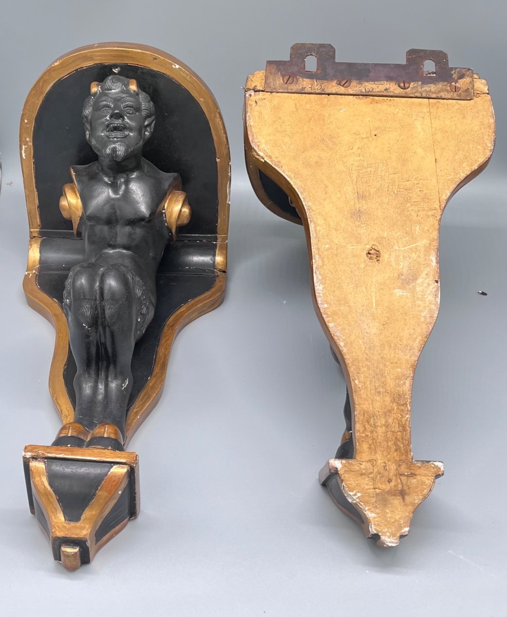Pair Of Wall Consoles Called Aux Faunes - Gilded Wood And Polychrome (stucco Or Plaster) - 19th Century-photo-3