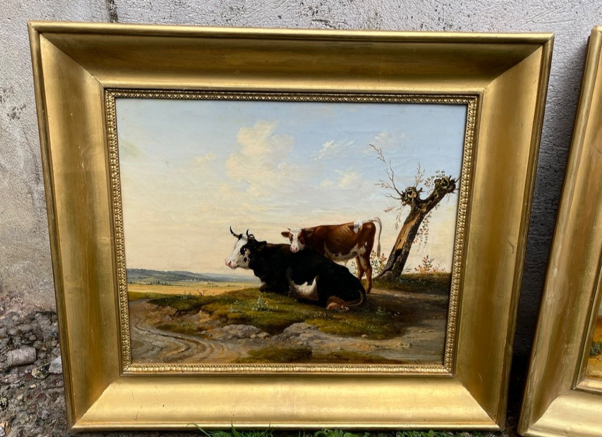 Paire De Tableaux  19ème - Vache Et Son Veau / Bélier Et Brebis - Herment Victor 1801-1858-photo-2