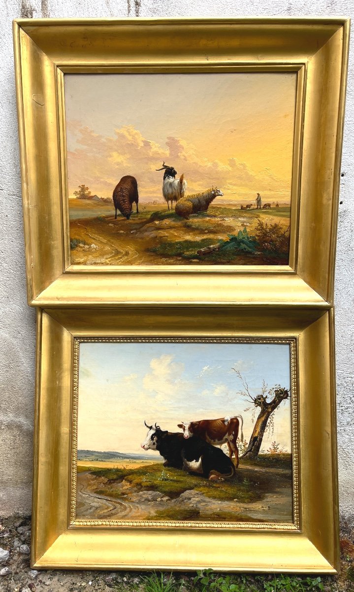 Paire De Tableaux  19ème - Vache Et Son Veau / Bélier Et Brebis - Herment Victor 1801-1858