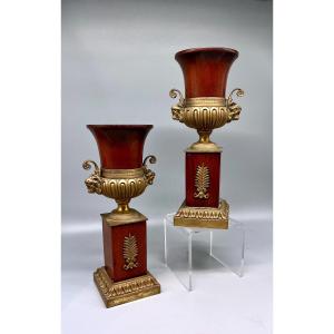 Paire De Cassolettes Médicis en acajou massif et bronze doré style 1er Empire - Époque NIII