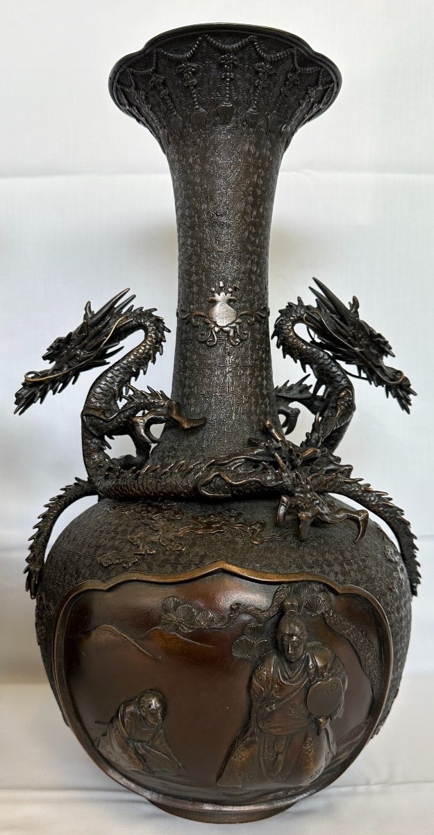 Paire De Vases En Bronze Aux Dragons Signés Par Seiunsai Pour Nakanoya époque Meiji Japon-photo-3