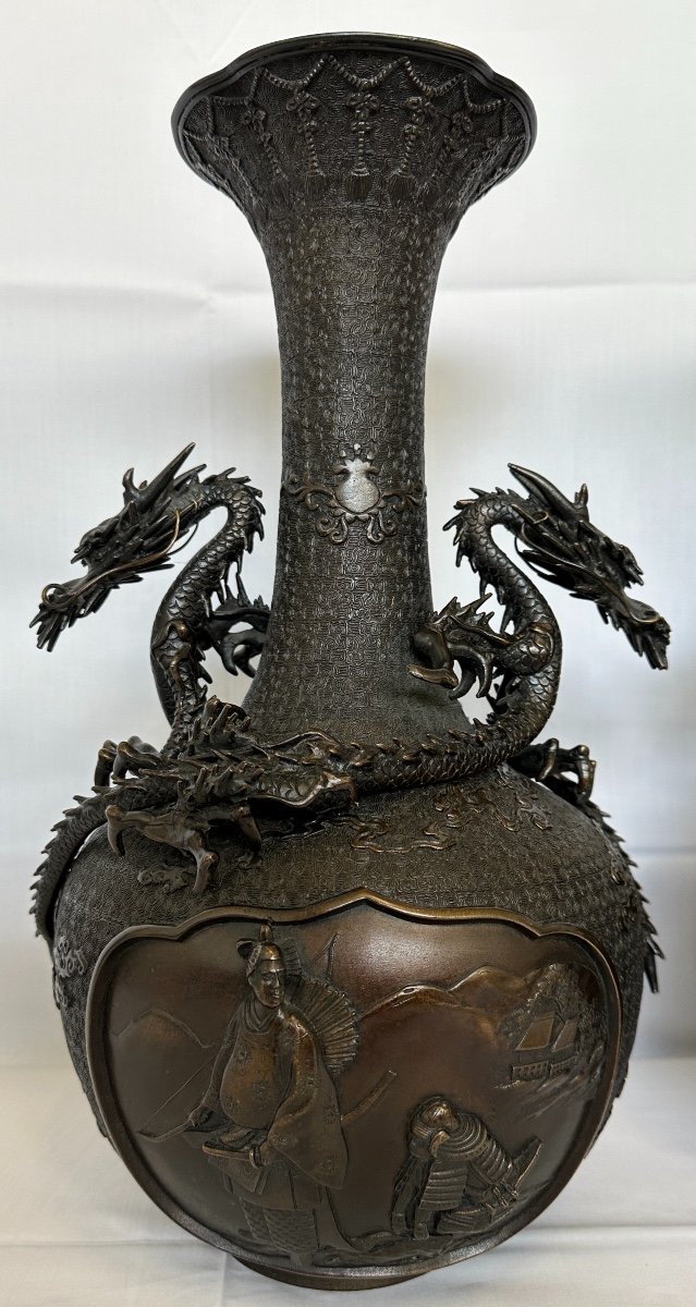 Paire De Vases En Bronze Aux Dragons Signés Par Seiunsai Pour Nakanoya époque Meiji Japon-photo-4