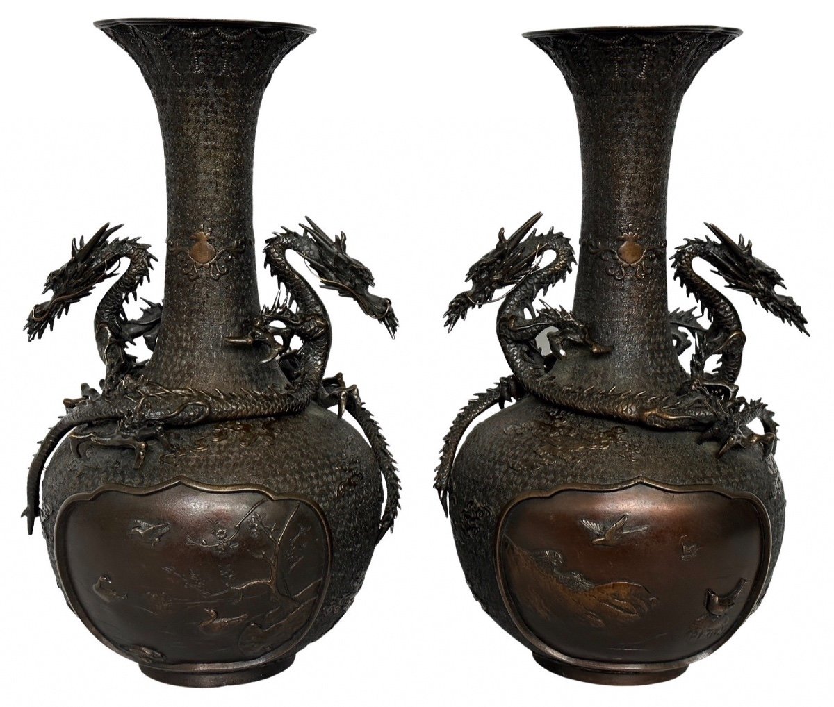 Paire De Vases En Bronze Aux Dragons Signés Par Seiunsai Pour Nakanoya époque Meiji Japon-photo-8