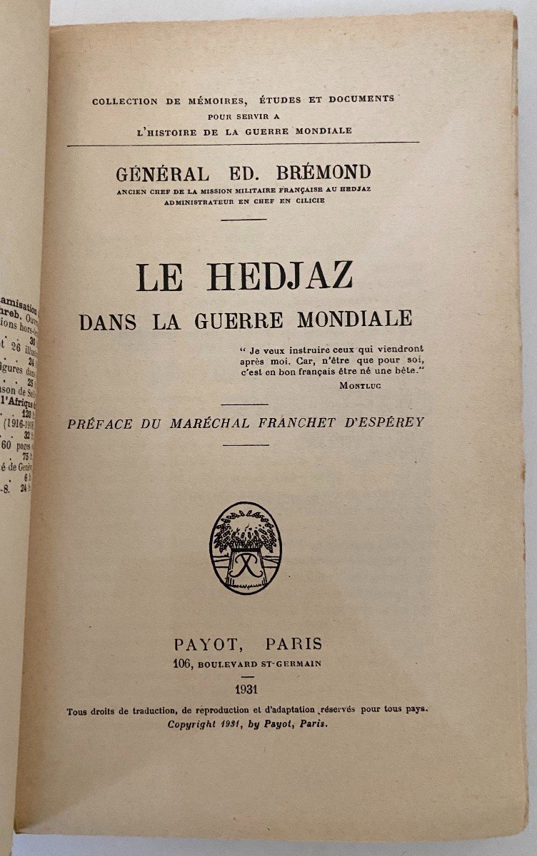 The Hedjaz In The World War By General Edouard Bremond Payot 1931 Original Edition