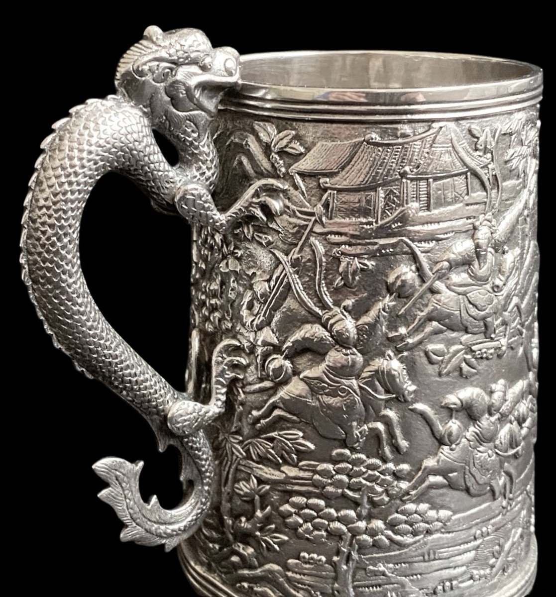 Beautiful Solid Silver Tankard With Rotating Dragon Decor In The Canton Europe Style 20th Lopez-photo-1