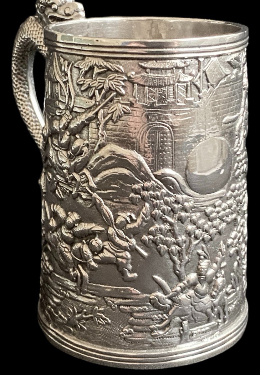 Beautiful Solid Silver Tankard With Rotating Dragon Decor In The Canton Europe Style 20th Lopez-photo-2