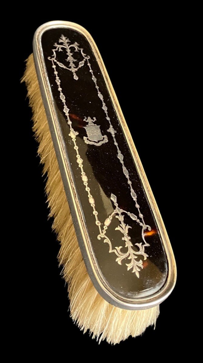 Rare Vernon Family Arms Brush Solid Silver Birmingham 1919 + Tortoise Shell-photo-4
