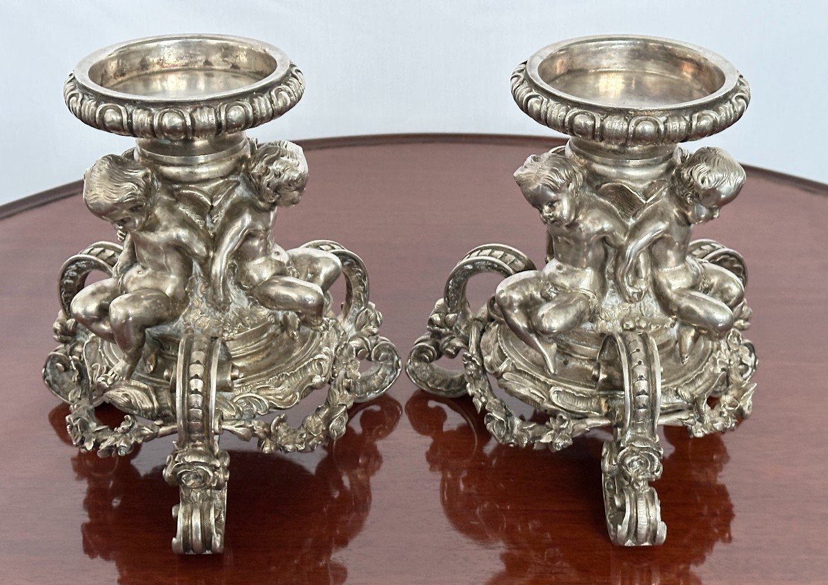 Very Fine Pair Of Silver-plated Bronze Putti Cups Circa 1850 In The Style Of Christofle