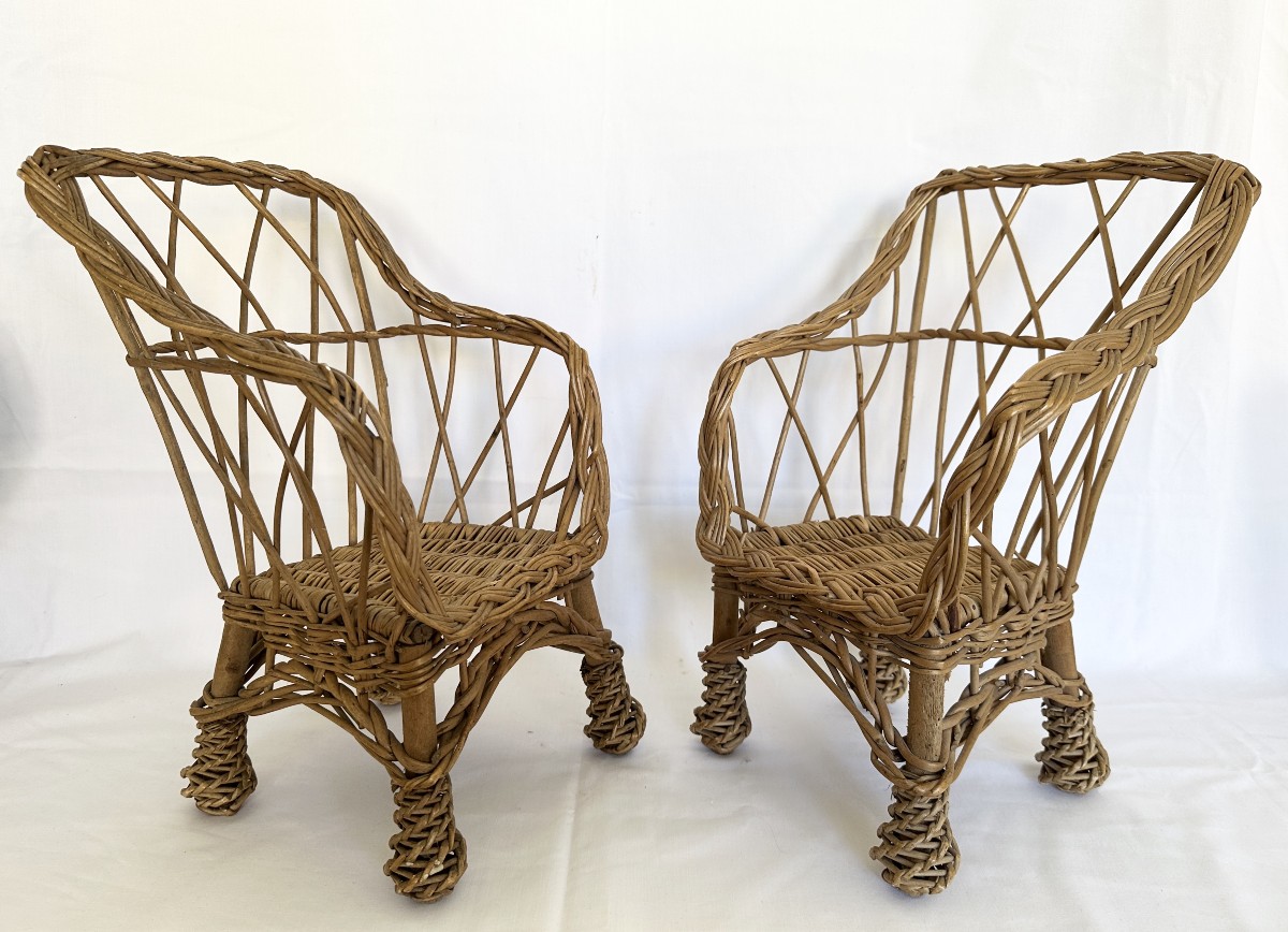 Pair Of Antique Wicker And Wood Doll Armchairs-photo-1