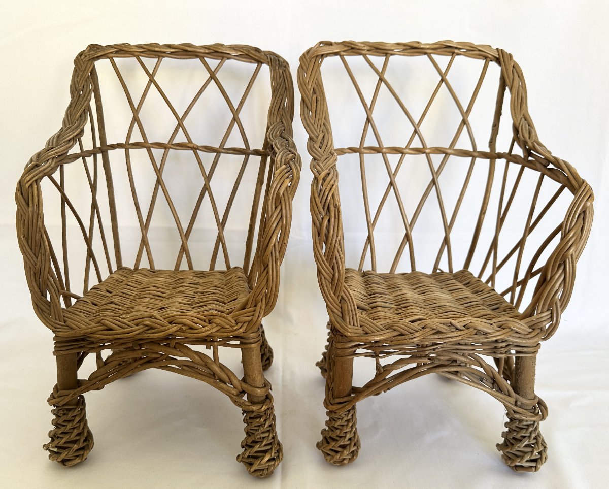 Pair Of Antique Wicker And Wood Doll Armchairs-photo-4