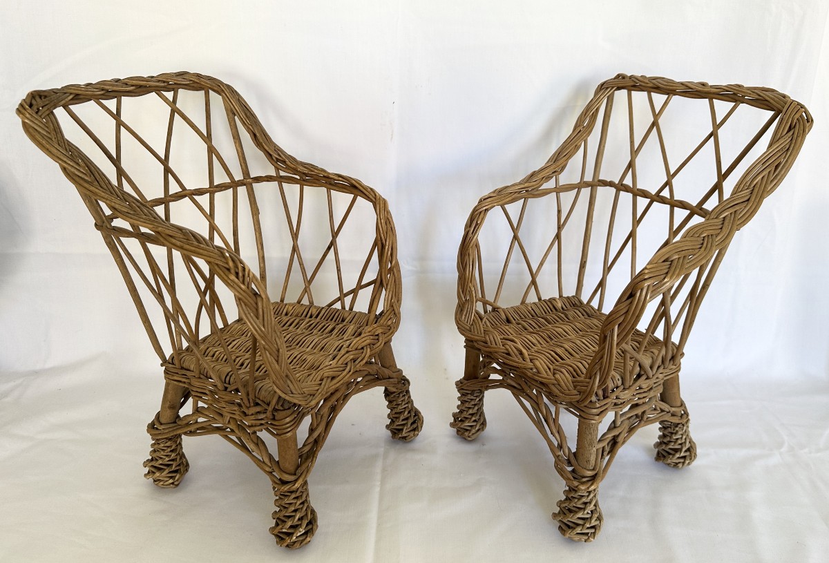 Pair Of Antique Wicker And Wood Doll Armchairs
