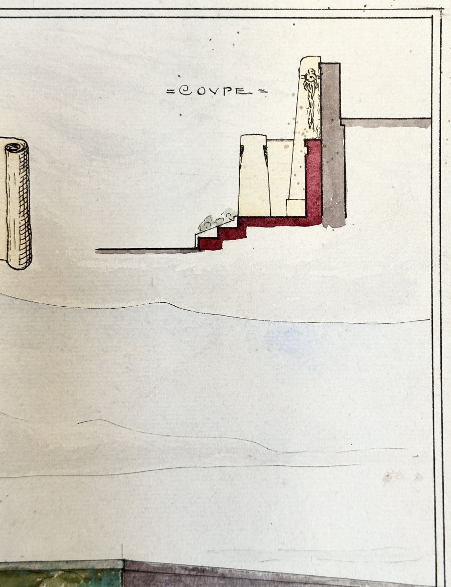 Grand Dessin Aquarelle De l'Architecte Paul Bresse Circa 1920 Pour Monument Aux Morts  d'Artas -photo-5
